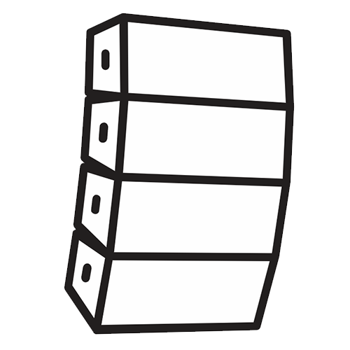 Un pictogramme noir et blanc représentant l'équipement de sonorisation (haut-parleurs) superposé, prêt à diffuser