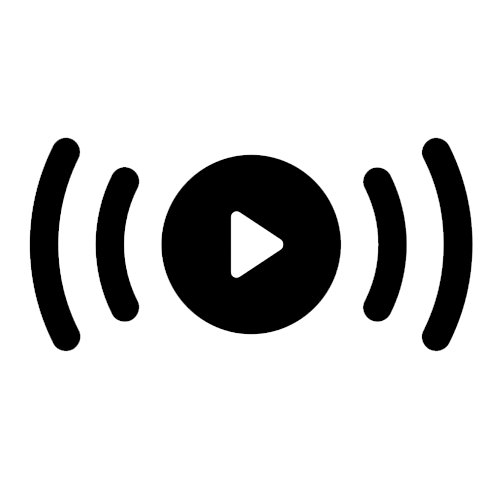 Un pictogramme noir représentant la diffusion de son par vague avec un bouton play au centre